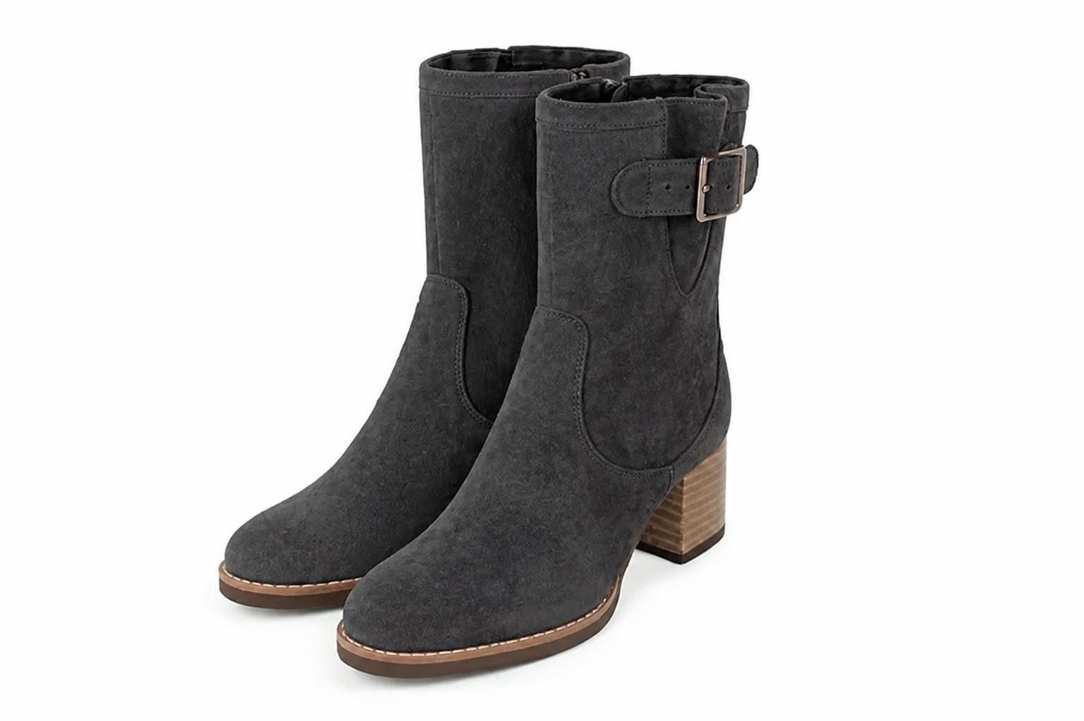 Classic leather ankle boots featuring adjustable side buckles and sleek hardware for secure support and timeless everyday style, in charcoal gray leather with round toe and mid block heel